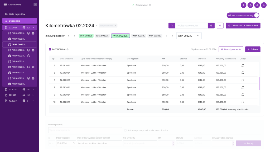 Program do obsługi kilometrówki online